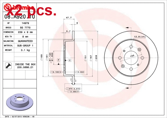X2 PCS REAR BRAKE DISC ROTOS X2 PCS SET 08.A920.10 BREMBO I - Picture 1 of 4